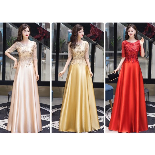 Women singers host stage performance Red Champagne Gold long dress female choir sequined performance costume annual meeting host evening dress 